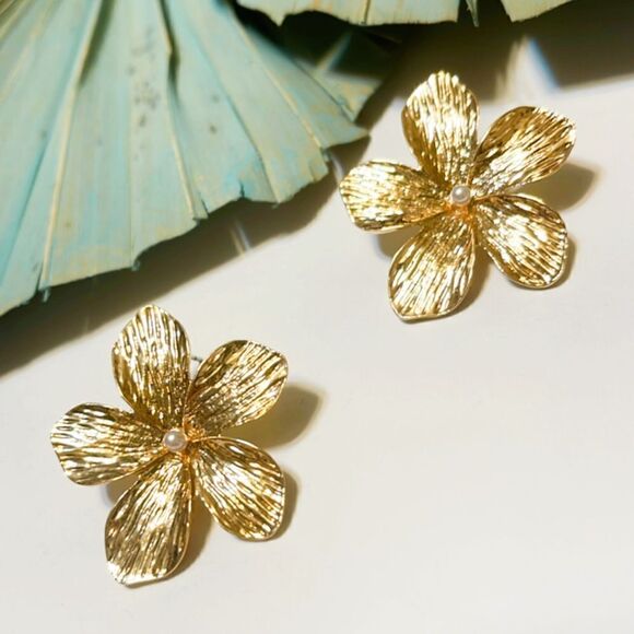 Gold flower earrings 1307 - Picture 3 of 7